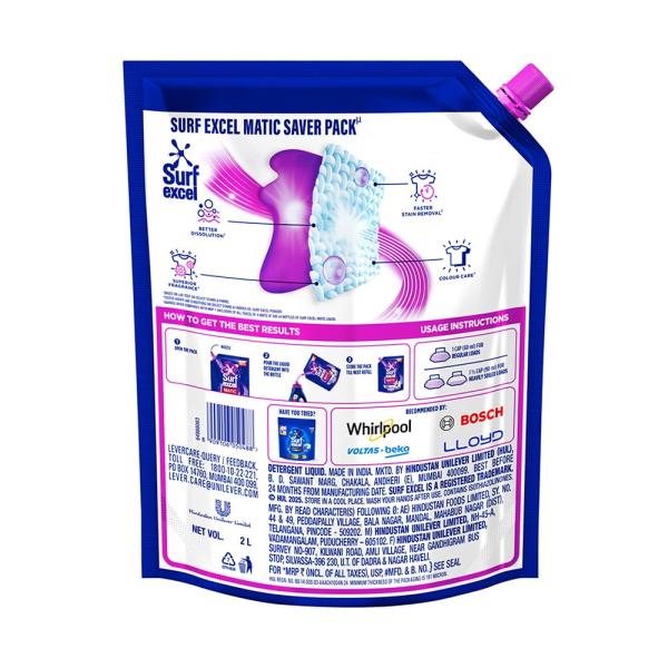 Surf Excel Matic Front Load Liquid Detergent 2 L Refill|| Specially designed to remove Tough Dried Stains, 1st time in Washing Machine  GROCERY