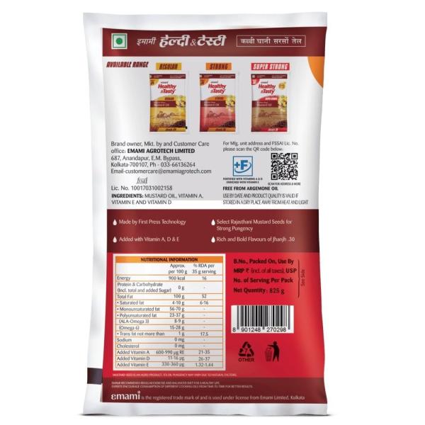 Emami Healthy and Tasty Strong Kachchi Ghani Mustard Oil Pouch, 825 G.  GROCERY