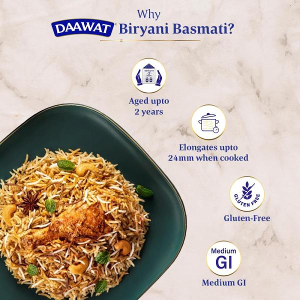 Daawat Biryani Basmati Rice, 5 Kg| World s Longest Rice Grain expands 24mm* | Tasty, Non-sticky & Rich Aroma |Naturally Aged
