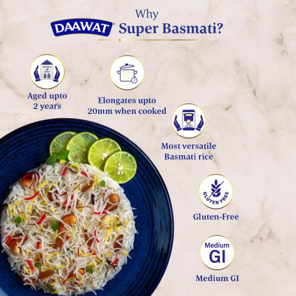 Daawat Super Basmati Rice 1Kg| Fluffy Long Grains| Cooked upto 20mm GROCERY