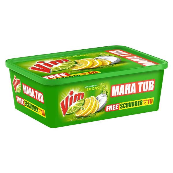 Vim Dishwash Bar Lemon Tub, With Power Of 100 Lemon, Fastest On Burnt Food Stains, Comes With A Sturdy Re-Usable Box And Free  crubber, 500 g  GROCERY