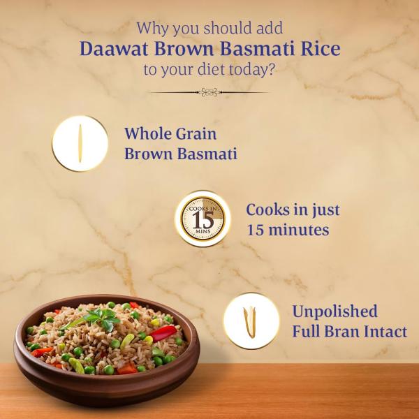Daawat Brown, Cooks in 15-minute, Full Bran Intact, Fibre-Rich Basmati Rice, 5 Kg GROCERY