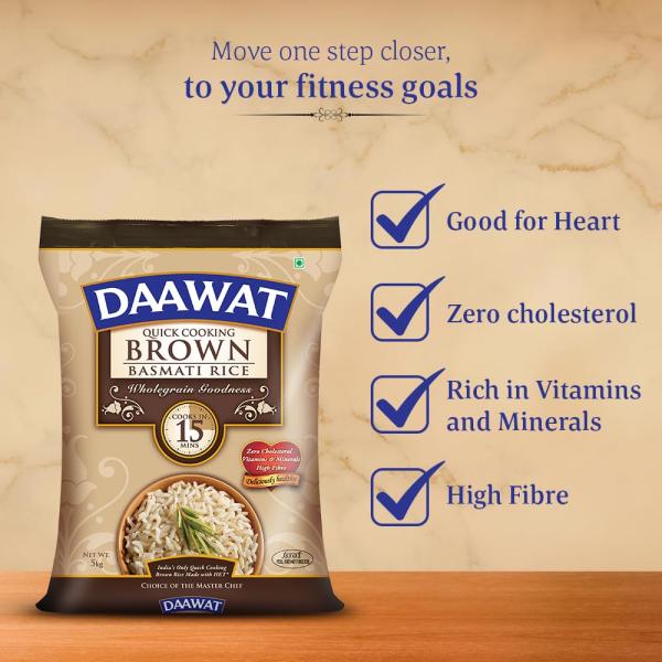 Daawat Brown, Cooks in 15-minute, Full Bran Intact, Fibre-Rich Basmati Rice, 5 Kg GROCERY