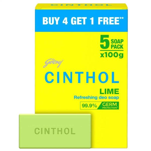 Cinthol Lime Bath Soap - 100g (Pack of 5) | Lemony Deo Fragrance | Grade 1 Soap | GROCERY