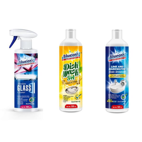 GROCERY    Blueoxy Lime and Hardwater Stain Remover + Blueoxy Dishwash Gel + Blueoxy Absolute Glass Cleaner | Combo offer
