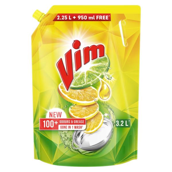Vim Dishwash Liquid 3.2L pouch | Removes 100+ Odours & Grease in 1 wash GROCERY
