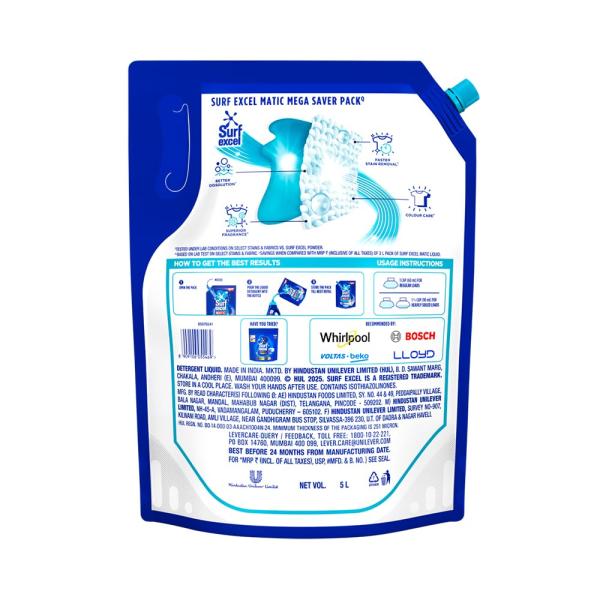 Surf Excel Matic Top Load Liquid Detergent 5L Refill Pouch, Specially designed to remove Tough Dried Stains, 1st time in Washing Machi  GROCERYne