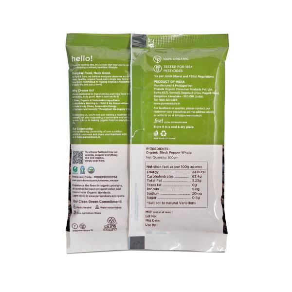 Pure & Sure Organic Black Pepper Whole 100gm | 100% Natural Sabut Kali Mirch GROCERY