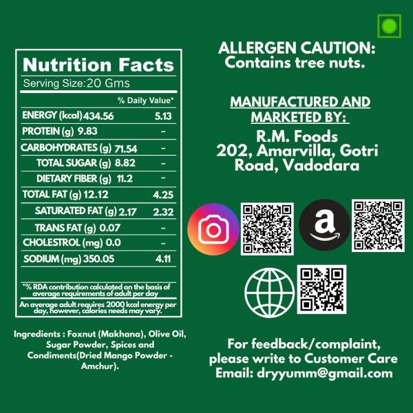 DryYumm (Pack of 3) PUDINA PUNCH, KHATTA MEETHA & PERI PERI MAKHANA - 210g  grocery