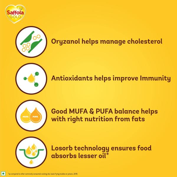 Saffola Gold Refined Cooking oil | Blend of Rice Bran & Sunflower oil | Helps Keeps Heart Healthy | 1 Litre jar GROCERY