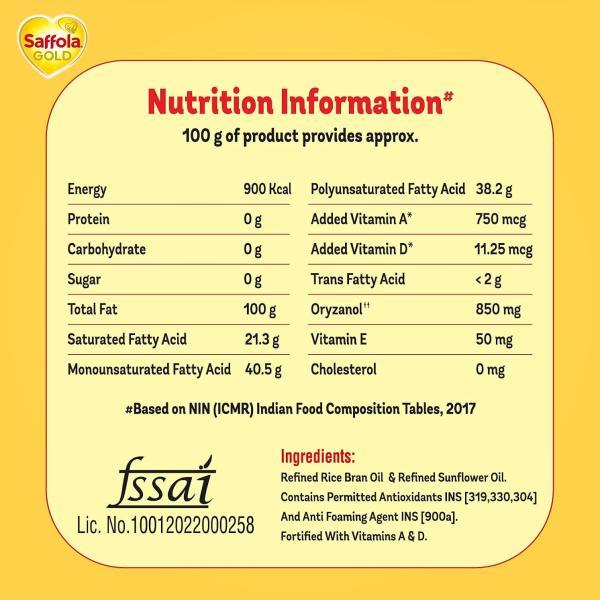 Saffola Gold Refined Cooking oil | Blend of Rice Bran & Sunflower oil | Helps Keeps Heart Healthy | 1 Litre jar GROCERY