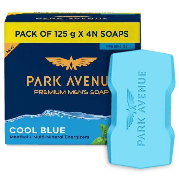 Park Avenue Premium Men’s Soaps for Bath – Cool Blue | 125g (Pack of 4) | Menthol & Mineral Energizer | GROCERY