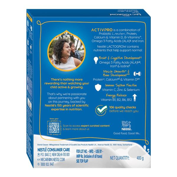 Nestle LACTOGROW Nutritious Milk Drink Powder | Biscuity Vanilla Flavour (2 - 6 Years), 400g, Bag-In-Box Pack  grocery