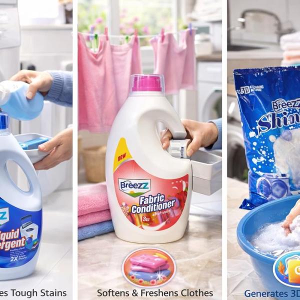 GROCERY Breezz Laundry Combo Pack, Liquid Detergent Matic, Fabric Conditioner After Wash, Shine Washing Powder, 3D Foam Action, Removes Tough Stains, Softens Clothes, 3 Items