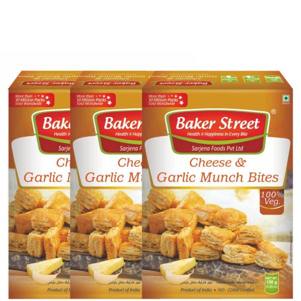 GROCERY Baker Street Cheese Garlic Munch Bites 150g Khari Snacks Items In Fresh Healthy  (PACK OF 3) grocery