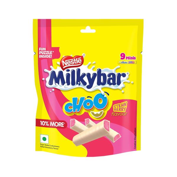 Milkybar Choo Strawberry Flavour Treats, Yummy & Creamy, Pack of 8/9 Mini Treats, Fun Puzzle Inside, 80g / 99g Pack (Product Weight May Vary) grocery