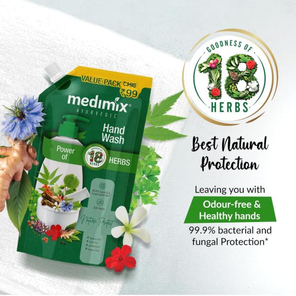 Medimix Ayurvedic 18 Herbs Hand Wash Refill For Soft & Odour-Free Hands 675ml | 99.9% Germ Protection | Shop Herbal | Natural | Soap-free | 100% Vegan  grocery