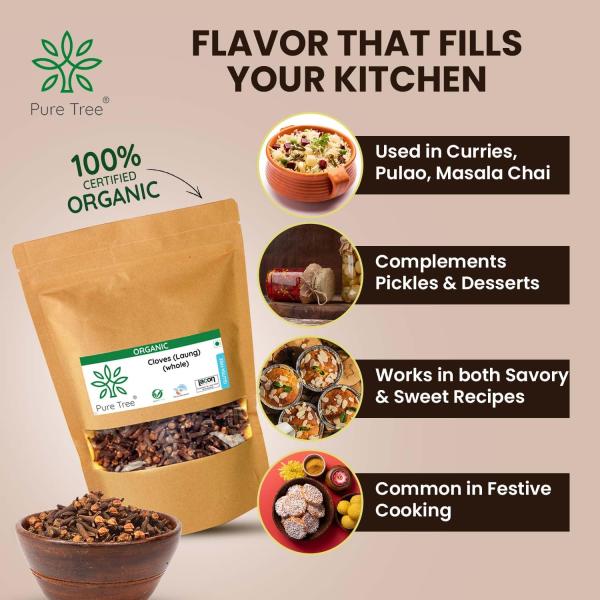 Pure Tree Certified Organic Laung | 100 Gm | Organic Cloves Whole GROCERY