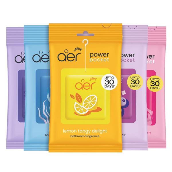 Godrej Aer Power Pocket Bathroom Freshener – Assorted Pack of 5 - 50g (5x10g) | Lasts up to 30 days | Germ Protection grocery