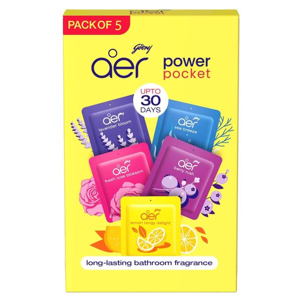 Godrej Aer Power Pocket Bathroom Freshener – Assorted Pack of 5 - 50g (5x10g) | Lasts up to 30 days | Germ Protection grocery