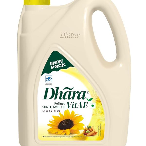 Dhara Refined Sunflower Oil 5L (4.55Kg/ 4.20Kg, Weight May Vary) GROCERY