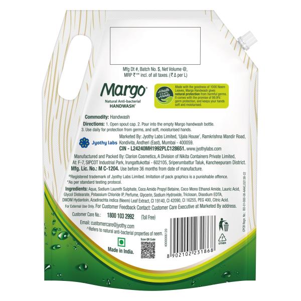 Margo Natural Anti-Bacterial Handwash for Soft, Hydrated hands - 1500ml Refill Pack [ Pack of 1 ]  grocery