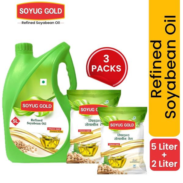 GROCERY Soyug Gold- Pure Refined Soyabean Oil, Best for Daily Kitchen Use (5 Litre Jar + Free 1-1 Litre 2 Pouch) 7 Ltr Combo Offer with Free Carry Bag