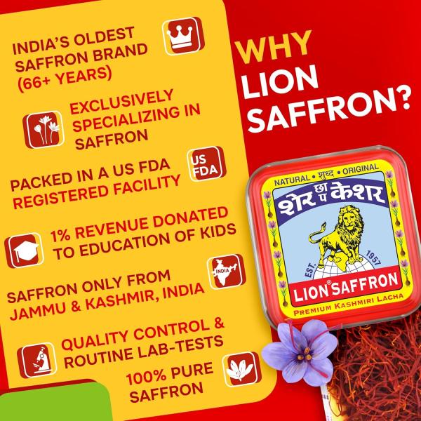 GR OCERY LION BRAND SAFFRON Original Kashmir Lacha Saffron/Kesar/Keshar (Certified Grade A) for Biryani, Beauty, Improved Health and Tilak (Pack of 1 (1gram)) grocery