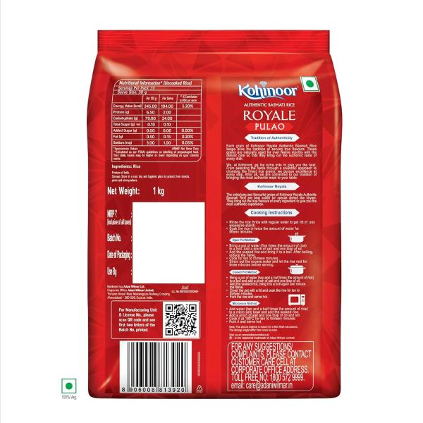 Kohinoor Pulao Basmati Rice, 1 kg | Long-Grain Basmati (Cooked grain up to 18 mm) GROCERY