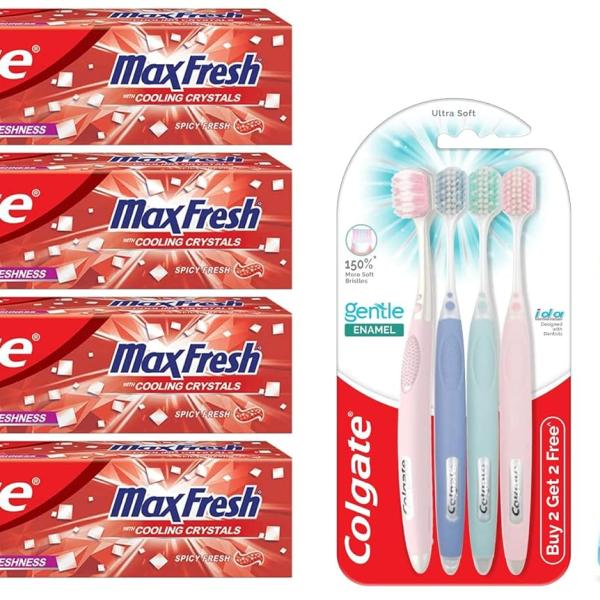GROCERY   Colgate Max Fresh Bad Breath Treatment Toothpaste & Gentle Enamel Ultra Soft Bristles Manual Toothbrush for adults, 4 Pcs (Buy2 Get 2)& Plax Pepper Mint Mouthwash- 500 ml