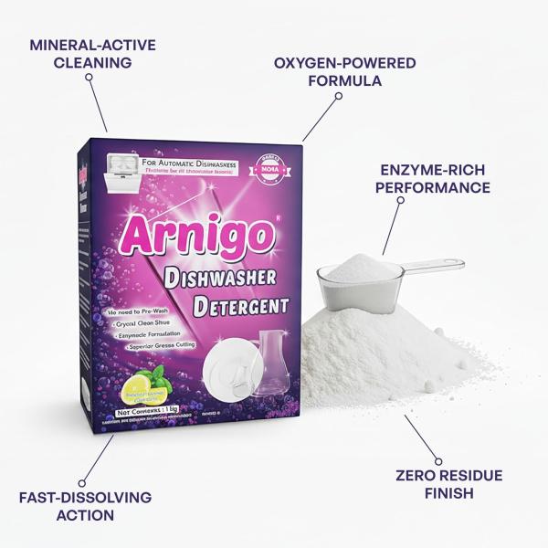 Arnigo Dishwasher Detergent Powder Suitable for All Brands Dishwashers, Enzyme Rich Formula, No Need To Pre-wash, Enzymatic Formulation, Crystal Clean Shine, Mineral-based Technologies- 1kg