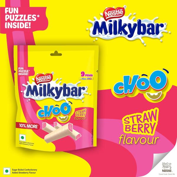 Milkybar Choo Strawberry Flavour Treats, Yummy & Creamy, Pack of 8/9 Mini Treats, Fun Puzzle Inside, 80g / 99g Pack (Product Weight May Vary) grocery