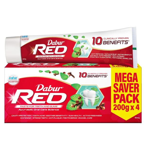 Dabur Red Paste - India's No.1 Ayurvedic Paste, Provides Protection Plaque Removal, Toothache, Yellow Teeth, Bad Breath- 800g (200gm*4) GROCERY