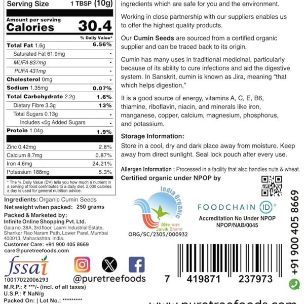 Pure Tree Certified Organic Jeera Seeds | 250 g | Cumin Seeds GROCERY