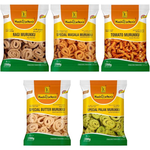 KOZHIKODEN'S Assorted Murukku Combo Pack | 5 Flavors | Masala, Tomato, Palak, Ragi & Butter Murukku grocery