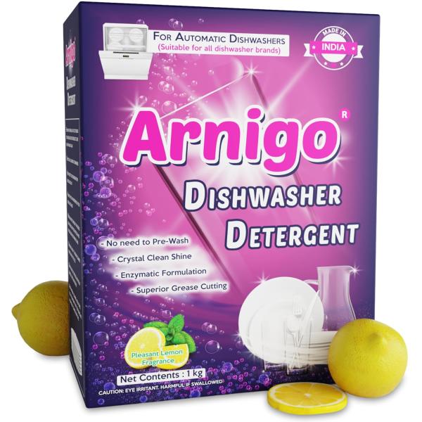 Arnigo Dishwasher Detergent Powder Suitable for All Brands Dishwashers, Enzyme Rich Formula, No Need To Pre-wash, Enzymatic Formulation, Crystal Clean Shine, Mineral-based Technologies- 1kg