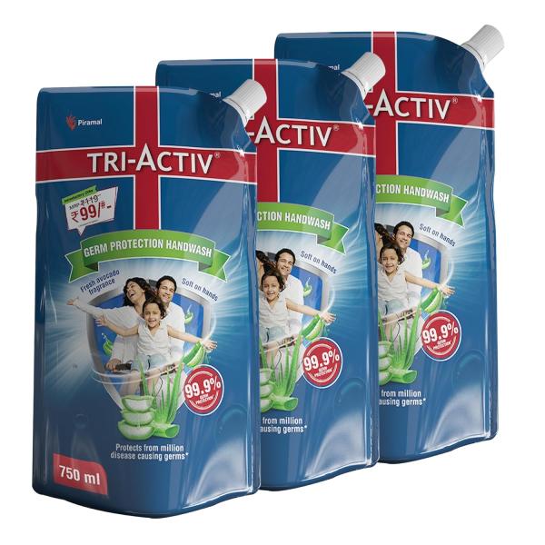 Tri-Activ Liquid Handwash Refill | 750ml x Pack of 3 (2250ml) | Protects From 99.9% Disease Causing Germs  grocery