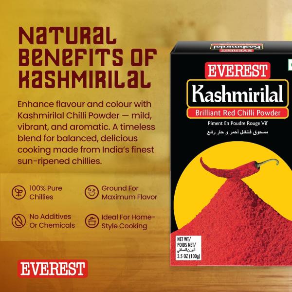 Everest Kashmirilal Brilliant Red Chilli Powder - 100gm | Kashmiri Lal Mirch with Mild Heat GROCERY