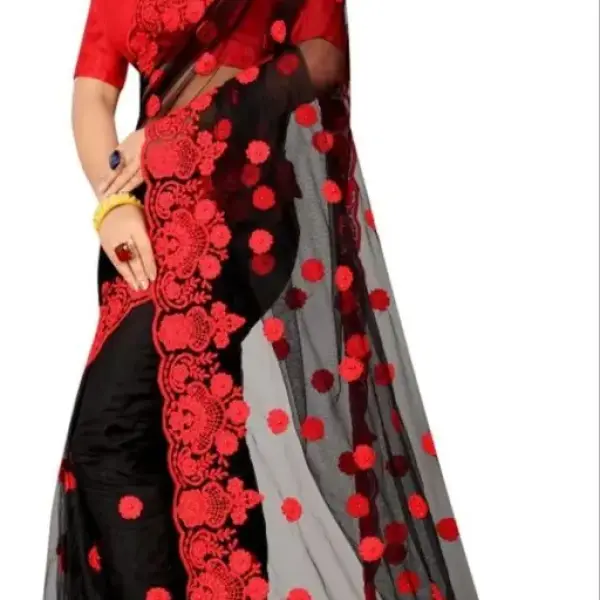 Stylish Net Embroidered Saree with Blouse piece