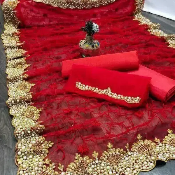 Begumpuri Net Red Beads & Stones Saree