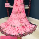 KANOODA Belt Style Georgette Pink Lace border Saree