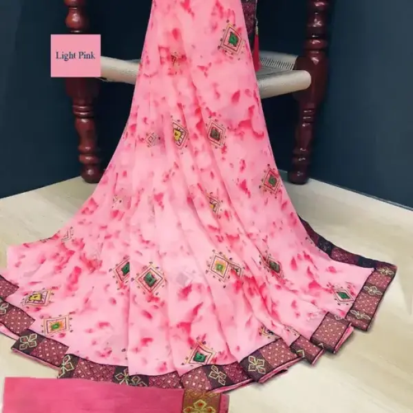 KANOODA Belt Style Georgette Pink Lace border Saree