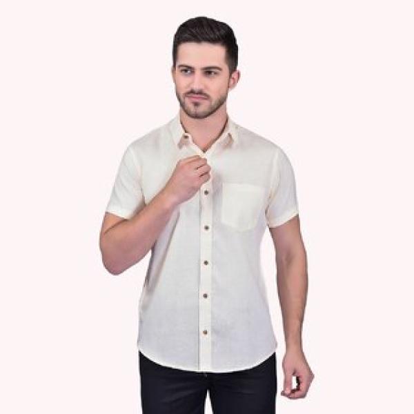 Men's Half Sleeve Cotton Spread Collar Shirt (Beige)