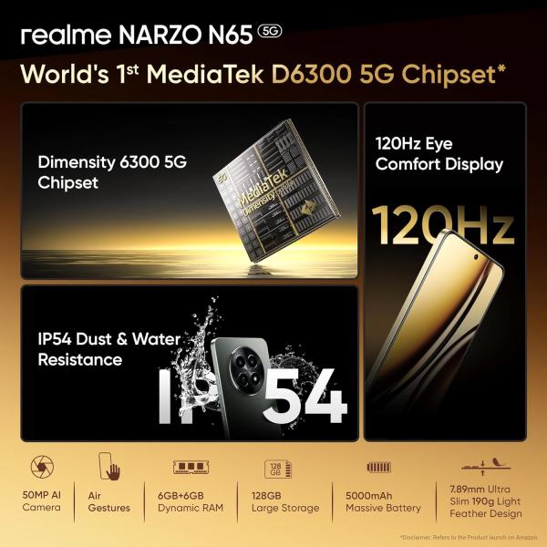 realme NARZO N65 5G (Amber Gold 6GB RAM, 128GB Storage) India's 1st D6300 5G Chipset  | Ultra Slim Design | 120Hz Eye Comfort Display | 50MP AI Camera| Charger in The Box