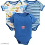 100% Cotton Baby Bodysuit Short Sleeve Half Romper Pack of 3 blue