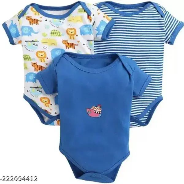 100% Cotton Baby Bodysuit Short Sleeve Half Romper Pack of 3 blue