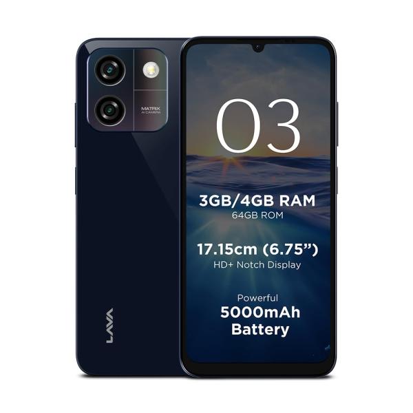 Lava O3 (Glossy Blue, 3 GB RAM, 64 GB Storage) | Biggest 6.75" HD+ Display | 13MP AI Dual Rear Camera | 5000 mAh Battery | Secure Face Unlock |...