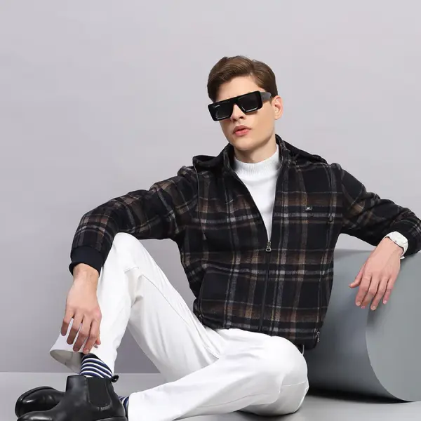 Men Blue Solid Hooded Full Sleeve Jacket