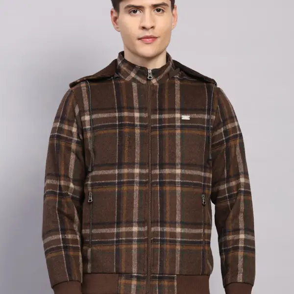 Men Brown Solid Hooded Full Sleeve Jacket