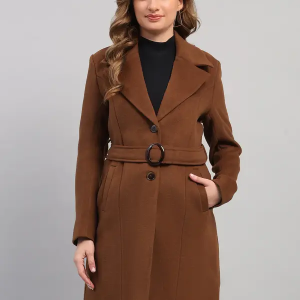 Women Brown Solid Collar Full Sleeve Coat